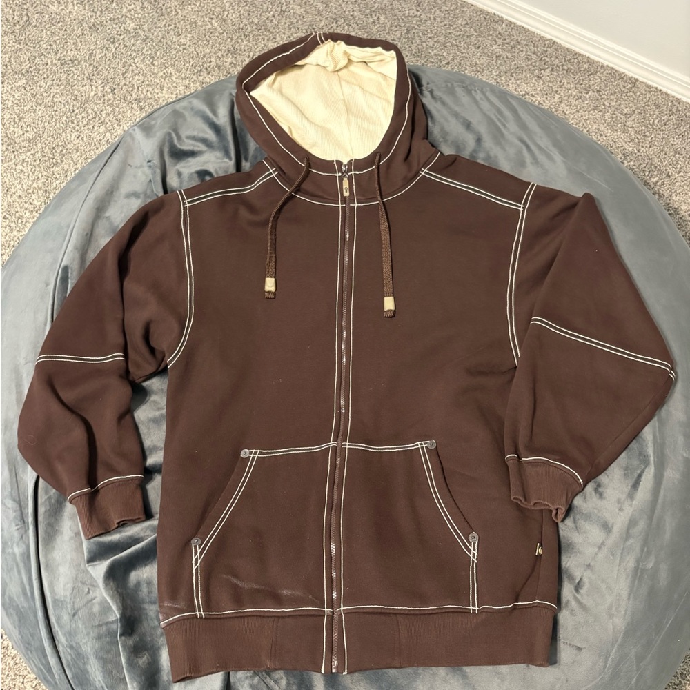 Cream and Brown Zip Up Sweater with Contrast Stitching